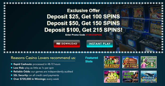 SlotoCash Bonus 100 to 215 Free Bonus Spins