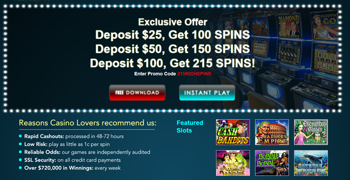 SlotOCash Deposit Bonuses 100 to 215 Free Bonus Spins